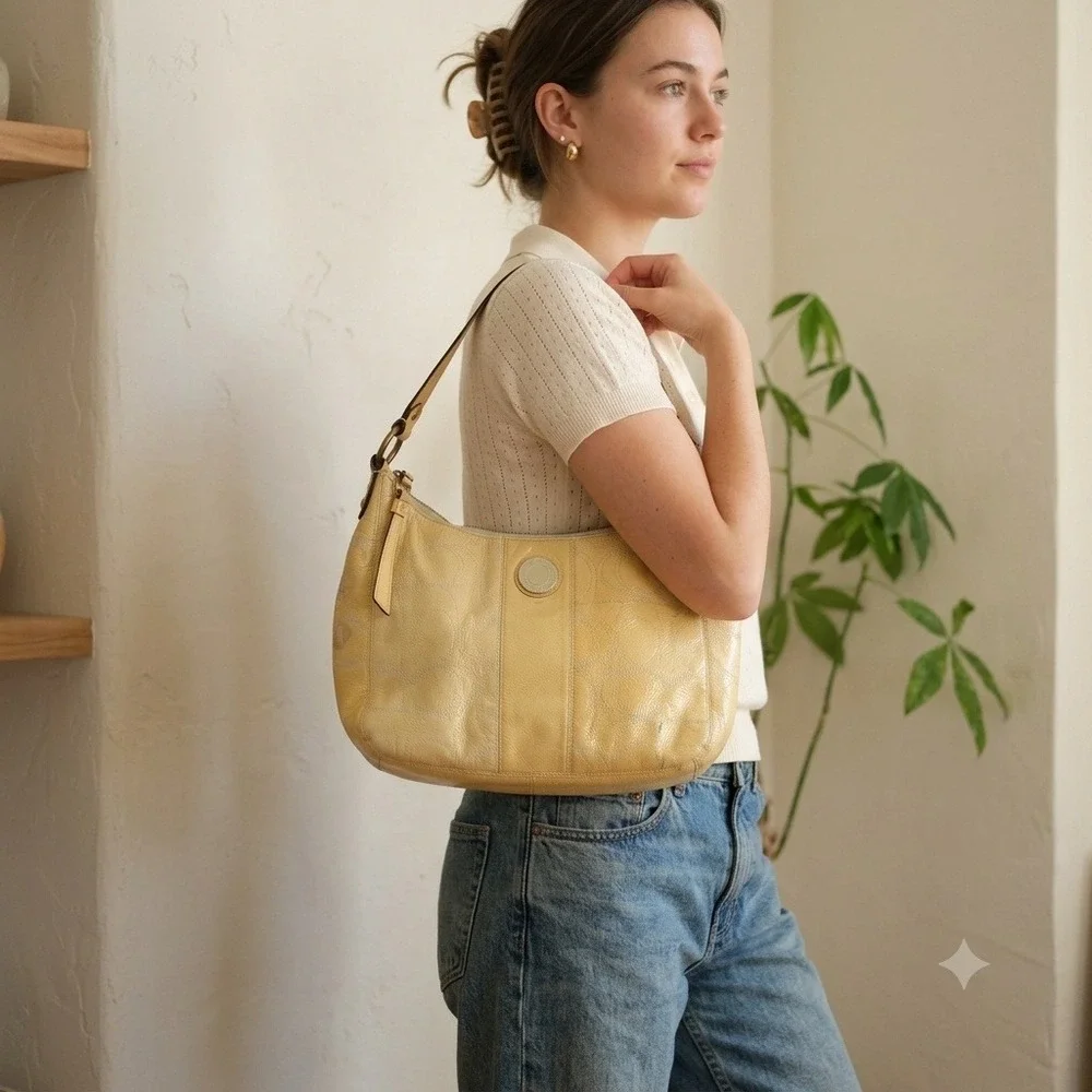 Vintage Y2K Coach Women Hobo Bag Medium Yellow Signature Patent Leather Embossed